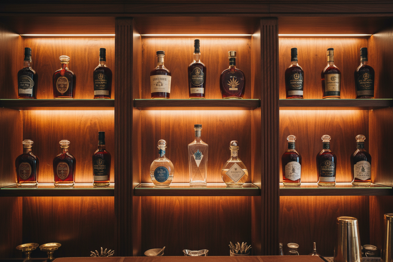 bar backdrop of high end bourbon and tequila